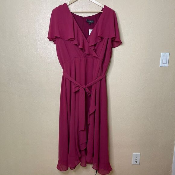 Lane Bryant Dress Womens 22 Maroon V-Neck Ruffled Sleeveless Solid - Picture 1 of 13